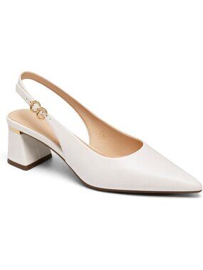 Women's White Chunky Heels Pointed Closed Toe Pumps Adjustable Strap Shoes